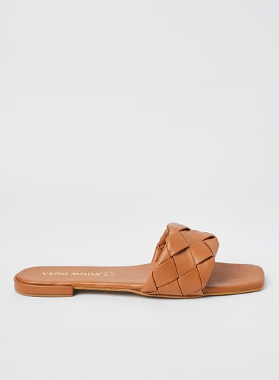 Buy Leather Flat Sandals Brown in UAE