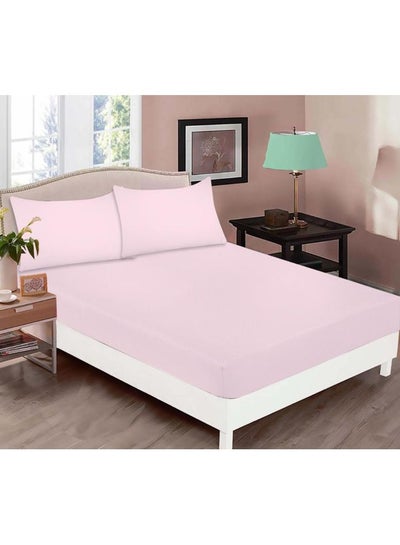 Buy 3-Piece Super King Size Fitted Sheet And Pillow Cover Set Cotton Pink 200x200x25cm in UAE