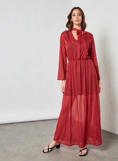 Buy Tie-Up Neck Sheer Dress Red in UAE