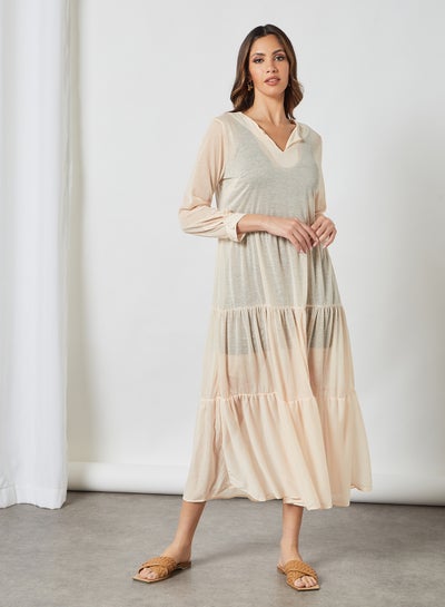 Buy Tiered Sheer Midi Dress Beige in Saudi Arabia