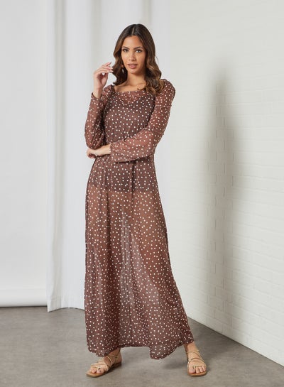 Buy Dot Print Sheer Dress Brown in UAE