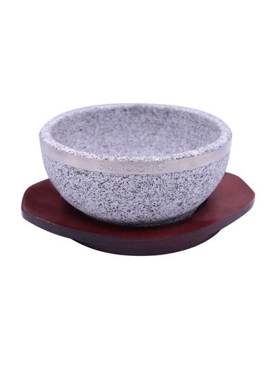 Buy Round Stoneware Serving Bowl With Wooden Base Grey/Brown 7x7x10cm in Saudi Arabia