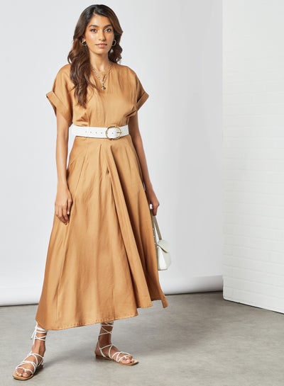 Buy Rolled Sleeve Dress Brown in Saudi Arabia