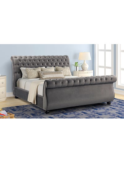 Buy Curve Rolled Top-Tufted King Bed With Spring Mattress Set Grey/Beige 200x200x150cm in UAE