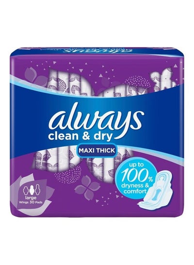 Buy 30-Piece Clean And Dry Maxi Thick Sanitary Pads With Wings Set White 300grams in Saudi Arabia