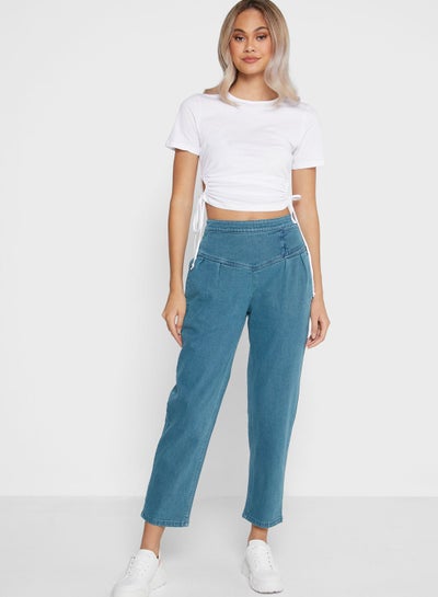 Buy Elastic Waist High-Rise Jeans Blue in UAE