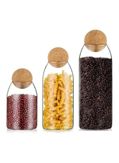 Buy 3-Piece Food Storage Jars With Lid Ball Clear/Brown 9.6x20cm in Saudi Arabia