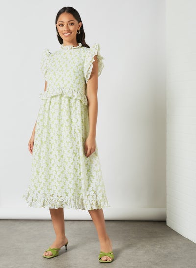 Buy Floral Print High Neck Dress Green in Saudi Arabia