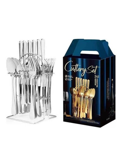 Buy 24-Piece Cutlery Set With Stand Holder Silver in UAE