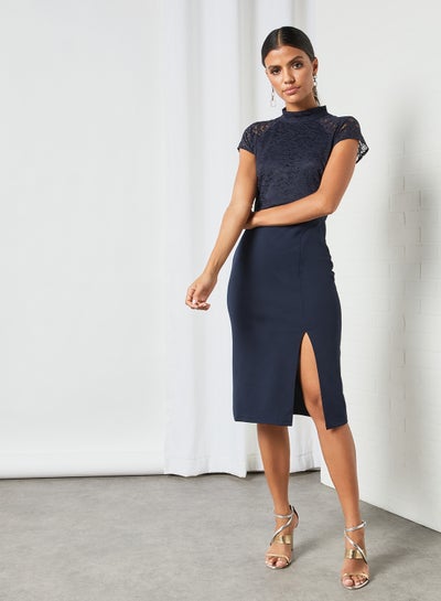 Buy High Neck Midi Dress Navy Blue in UAE