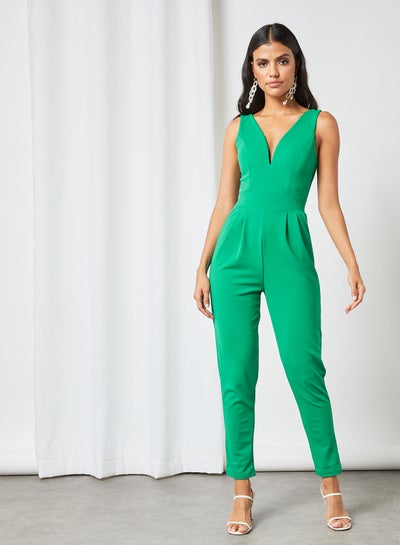 Buy Plunge Neck Padded Jumpsuit Green in UAE