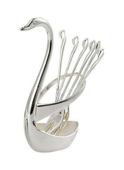 Buy Stainless Steel Fruit Food Fork Spoon Knife Cutlery Swan Holder 3 Fork And 3 Spoon Silver One Sizecm in Saudi Arabia