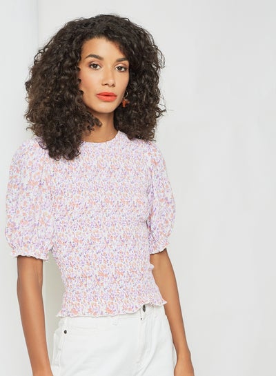 Buy Shirred Floral Print Top White in UAE