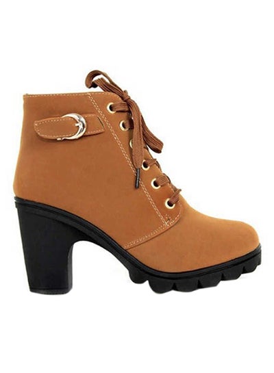 Buy Block Heels Zippered Ankle Boots Brown in UAE