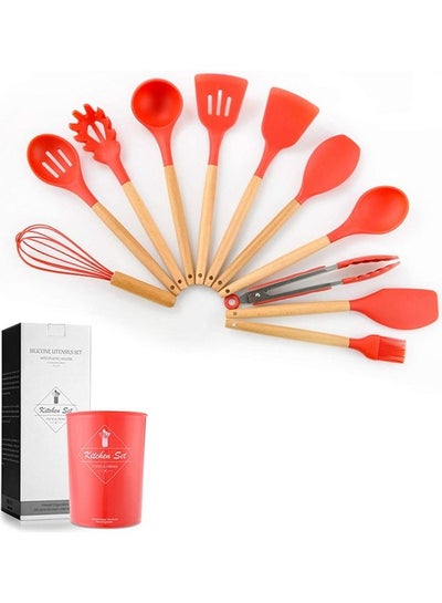 Buy 11-Piece Silicone Non-Stick Barreled Cooking Utensil Set Red/Beige One Size in Egypt