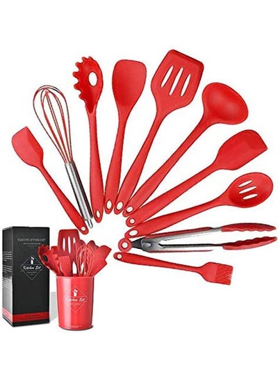 Buy 11-Piece Heat Resistant Non-Stick Silicone Cooking Utensil Set Red/Silver One Size in Egypt