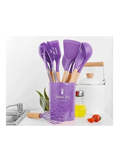 Buy 12-Piece Silicone Wooden Handle Kitchen Utensil Set With Holder Purple/Brown One Size in UAE