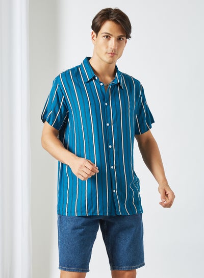 Buy Stripe Print Short Sleeve Shirt Blue in Saudi Arabia