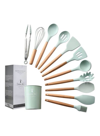 Buy 11-Piece Non-Stick Silicone Cooking Utensil Set with Storage Bucket Green/Beige 26 x 8cm in Egypt