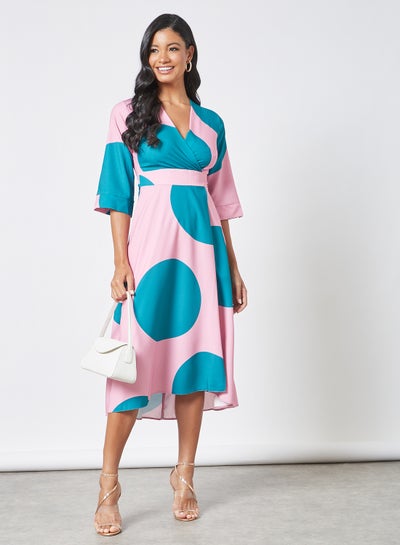 Buy Polka-Dot Wrap Style Dress Pink/Blue in UAE