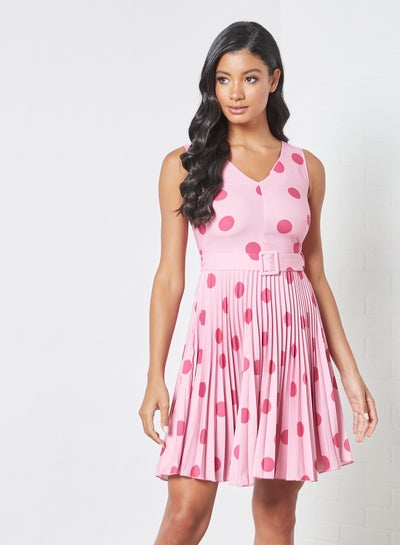 Buy V-Neck Pleated Dress Pink in UAE