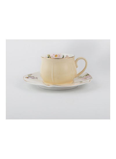 Buy 2-Piece Ergonomically Designed Fade-Proof Comfortable Grip Small Five Leaf Cup And Saucer Yellow/White 115ml in UAE