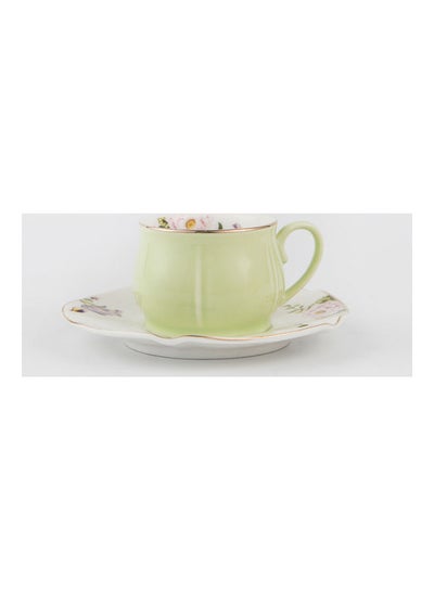 Buy 2-Piece Ergonomically Designed Fade-Proof Comfortable Grip Small Five Leaf Cup And Saucer Green/White 115ml in UAE