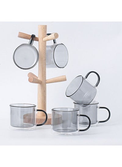 Buy 6-Piece Double Layer Glass Set With Wooden Frame Grey in UAE