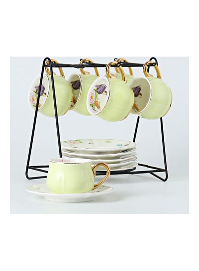 Buy 12-Piece Cup And  Saucer Set With Iron Frame Green/White/Black 90ml in Saudi Arabia