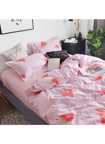 Buy 4-Piece Bedding Set Cotton Pink/Red/Green Quilt Cover 180x220 cm, Pillowcases 48x74 cm, Fitted Sheet 230x230cm in UAE