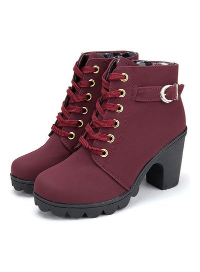 Buy Textured Half Zipper Ankle Boots Maroon in Saudi Arabia