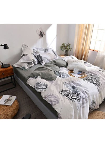 Buy 4-Piece Leaf Printed Bedding Set combination White/Grey/Blue Quilt Cover 150x200 cm, Pillow Cover 48x74 cm, Fitted Sheet 180x220cm in UAE