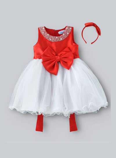 Buy Embellished Bow Sleeveless Party Dress With Hairband Red/White in UAE