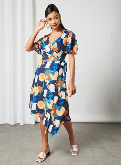 Buy Asymmetric Hem Wrap Dress Navy in UAE