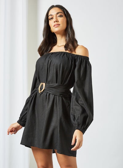 Buy Off-Shoulder Belted Mini Dress Black in Saudi Arabia