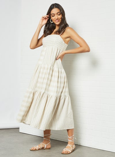 Buy Checkered Midi Strap Dress Ecru in Saudi Arabia