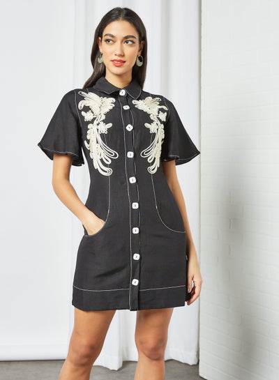 Buy Contrast Embroidery Button Up Dress Black in Saudi Arabia