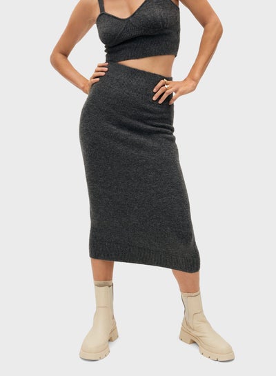 Buy Breathable Ribbed Knitted Midi Skirt Dark Grey in Saudi Arabia