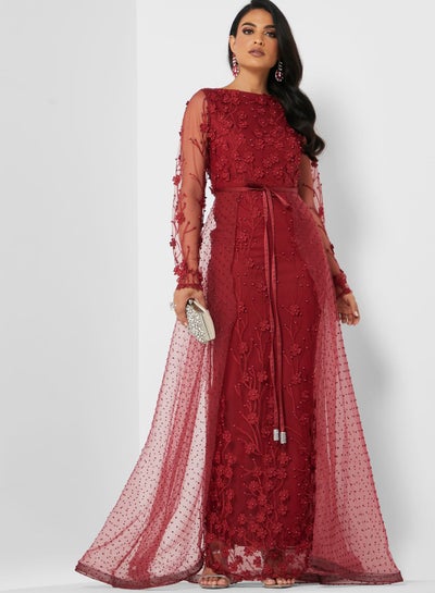 Buy Pearl Mesh Detail Elegant Dress Red in Saudi Arabia