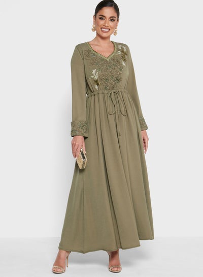 Buy Handmade Simple Embroidered Abaya Green in Saudi Arabia