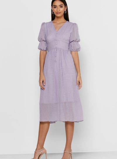 Buy Solid Pattern Puff Sleeve Dress Purple in UAE