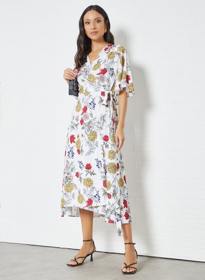 Buy Floral Wrap Front Dress Multicolour in UAE