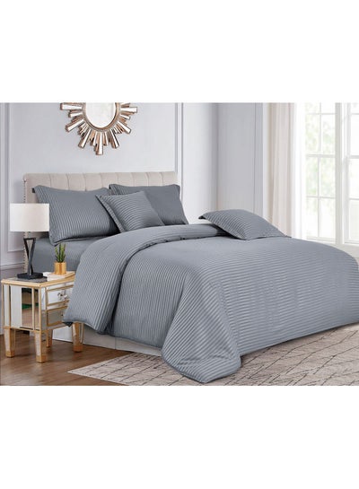 Buy 6-Piece Hotel Stripe Comforter Set-King Size Polyester Grey 220x240cm in Saudi Arabia