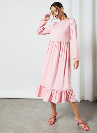 Buy Gathered Hem Midi Dress Pink in Saudi Arabia