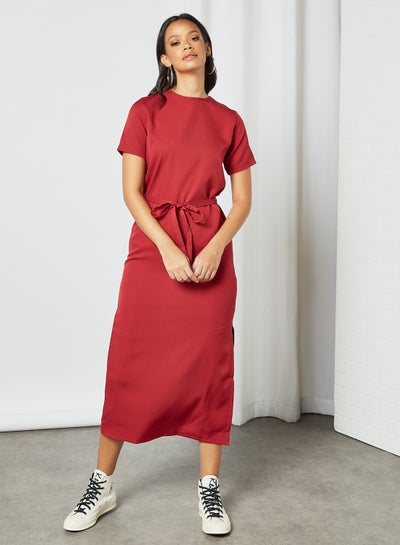 Buy Belted Midi Dress Red in UAE