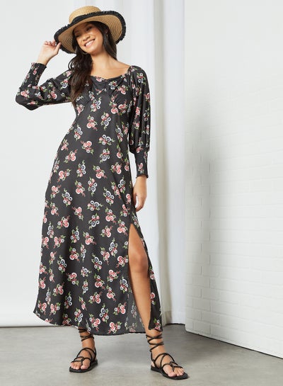 Buy Floral Print Puff Sleeve Dress Black in Saudi Arabia