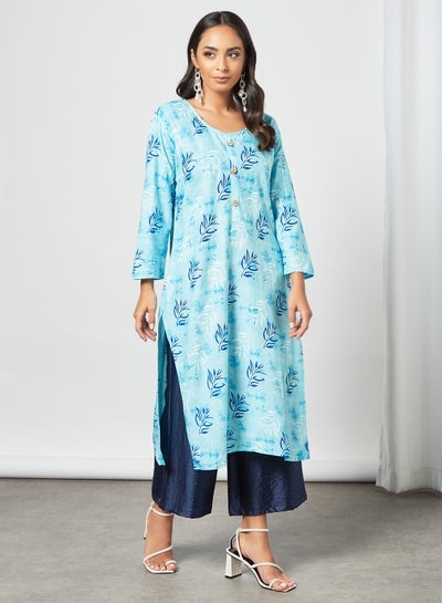 Buy Printed Round Neck Long Sleeve Trendy Modest Kurta Blue in UAE