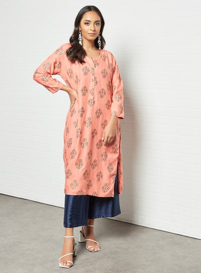 Buy Trendy Printed Round Neck Mid Length Kurta Peach in UAE