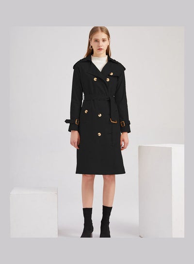 Buy Belt Lapel Wind Coat Black in Saudi Arabia