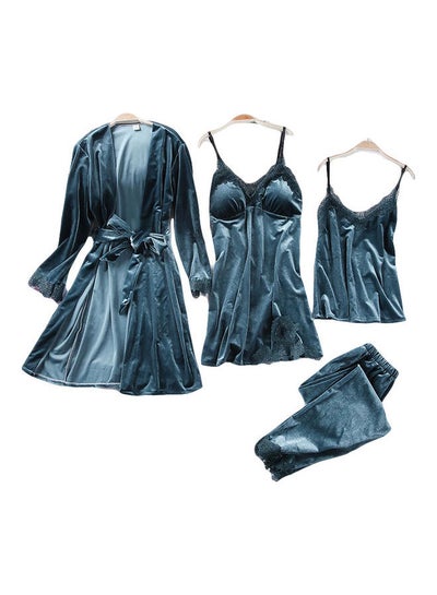 Buy 4-Piece Solid Sleepwear Pyjama Set Blue in UAE